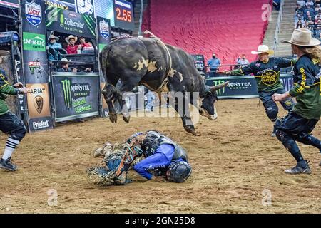 Newark, USA. September 2021. Dakota Louis reitet Jocker während des Professional Bull Riders 2021 Unleash the Beast Events im Prudential Center in Newark. (Bild: © Ron Adar/SOPA Images via ZUMA Press Wire) Stockfoto