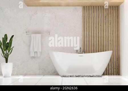 Vorderansicht des modernen und stilvollen Badezimmers mit luxuriöser Badewanne, Innenpflanze und Handtuch auf einem Handtuchhalter in Marmorwand. 3d-Rendering, 3d-Illustration Stockfoto