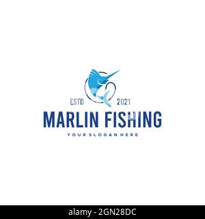 Flaches MARLIN FISCHFANG Tier Haken Logo Design Stock Vektor
