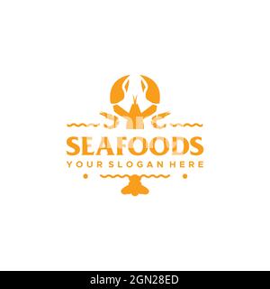 Minimalistisches DESIGN MIT MEERESFRÜCHTEN, Garnelen und Tierwellen-Logo Stock Vektor