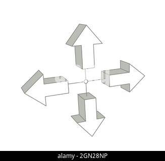 Pfeile in vier Richtungen, 3d-Darstellung isoliert auf weißer, grauer Schattierung Stockfoto