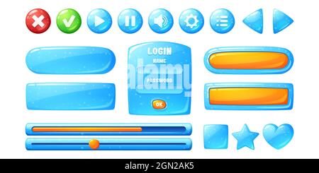 Knöpfe mit blauer Gelee-Textur für User Interface Design im Spiel. Vektor-Cartoon-Satz von ui-Elemente aus Wasser mit Blasen, Kontrollkästchen, Stopp-, Play- und Pause-Tasten und Login-Frame Stock Vektor