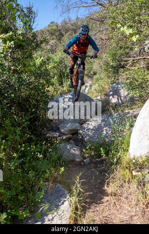 San Juan Capistrano, Kalifornien, USA. Mai 2020. Ein Mountainbiker fährt auf einem einspurigen Radweg im Cleveland National Forest San Juan Loop Trail System, in der Nähe des Ortega Highway, über Felsen und durch einen mit Sträuchern und Gras bewachsenen Slot. (Bild: © Ruaridh Stewart/ZUMA Press Wire) Stockfoto