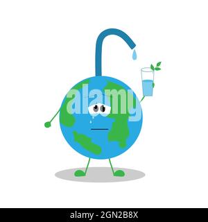 Der Planet ist in Tränen, weil es an Trinkwasser fehlt. Sparen Sie Wasser und reduzieren Sie Wasserverlust. Gestaltung eines Logos, Badges oder Flyers. Vektor auf isoliert Stock Vektor