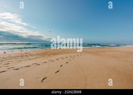 Leerer Sandstrand, türkisfarbenes Meer, Schritte auf Sand und wolkiger Himmel im Hintergrund. Seascape, ruhige Szene Stockfoto