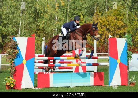 Junge Mädchen sprung Hindernis mit Bay Horse Stockfoto