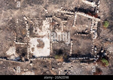 Tel Shikmona antike Ruinen archäologische Stätte, Luftansicht. Stockfoto