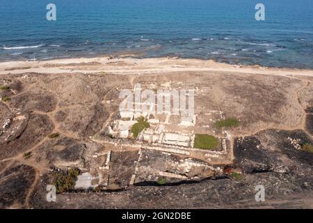 Tel Shikmona antike Ruinen archäologische Stätte, Luftansicht. Stockfoto