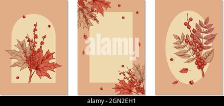 Set von Herbstposterdesigns mit roten Beeren und Ahornblättern. Handgezeichnete Vektorgrafik Stock Vektor