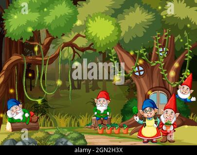 Fantasy Waldszene mit Gnom Familie Illustration Stock Vektor