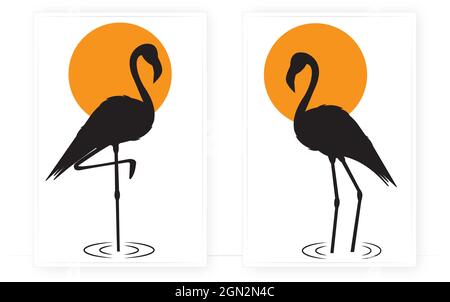 Flamingo Silhouetten auf Sonnenuntergang isoliert auf weißem Hintergrund, Vektor. Skandinavisches, minimalistisches Posterdesign. Paar Flamingo Vögel Illustration Stock Vektor