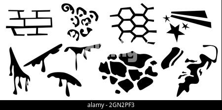 Flecken von Farbe und Flecken, einfache Muster mit Ziegel, Waben, Steinen und Spritzern. Satz von Designelementen auf weißem Hintergrund isoliert. Verwenden Sie für f Stock Vektor