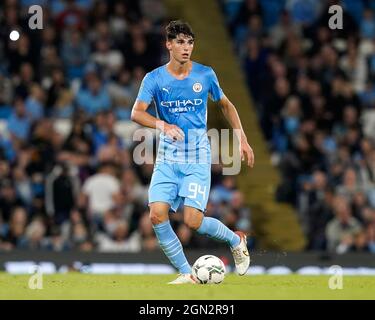 Manchester, Großbritannien. September 2021. Finley Burns von Manchester City während des Carabao Cup-Spiels im Etihad Stadium, Manchester. Bildnachweis sollte lauten: Andrew Yates/Sportimage Kredit: Sportimage/Alamy Live News Stockfoto