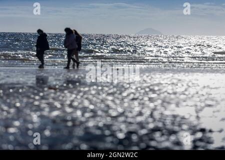 Ailsa Craig ist eine Insel von 99 Hektar (240 Acres) im äußeren Firth of Clyde, 16 Kilometer (10 Meilen) westlich des schottischen Festlandes, auf der seit langem „blauer Hone“-Mikrogranit abgebaut wird, um Lockensteine zu fertigen. Die jetzt unbewohnte Insel wird aus einem magmatischen Pluton gebildet, der während der gleichen Periode der unheiligen Aktivität wie magmatische Felsen auf der nahe gelegenen Insel Arran gebildet wird. Die Insel, umgangssprachlich bekannt als 'Paddy's Milestone'. Stockfoto