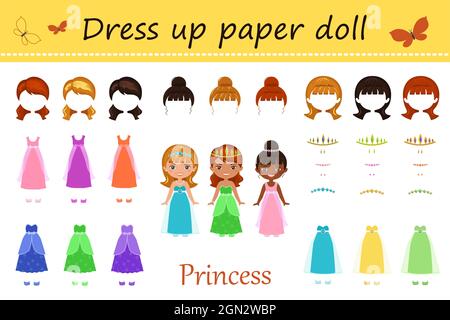 Dress up Prinzessin Papierpuppe. Set von niedlichen Charakteren. Flacher Cartoon-Stil. Vektorgrafiken Stockfoto