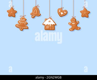 Vektor-Vorlage Banner Weihnachten Lebkuchen. Weihnachtselemente für Winterferien Lebkuchenmann, Lebkuchenhaus und andere Kekse. Stock Vektor