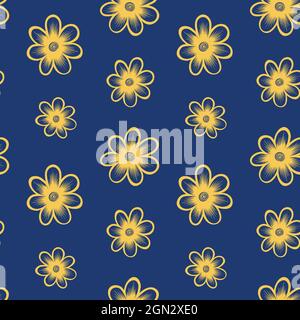 Nahtloses Muster mit einfachen und niedlichen, handgezeichneten Blumen. Goldene Objekte auf dunkelblauem Hintergrund. Vektorgrafik. Stock Vektor