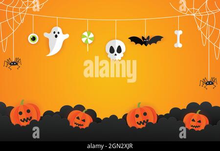 Halloween Papier geschnitten Hintergrund Vektor Illustration. Halloween Papier geschnitten Design. Halloween-Werbebanner. Stock Vektor
