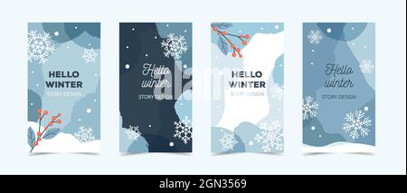 Winter Story Vorlage für Social Media, blauer Hintergrund mit Schneeflocken und Ilex-Ästen, Vektorgrafik Stock Vektor