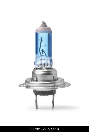 Blaue Halogenlampe H7 für Autoscheinwerfer, isoliert auf Weiß Stockfoto
