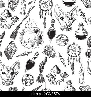 Nahtloses Muster mit mystischen und geheimnisvollen Objekten. Zeichnung im Skizzenstil. vektor-Illustration. Stock Vektor