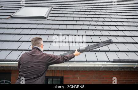 Der Mensch legt ein Rinnengittergewebe an die Regenrinne, um die Rinne vor Blättern zu schützen. Stockfoto