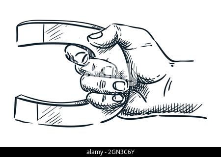 Magnet mit menschlicher Hand. Vektorgrafik mit handgezeichneter Skizze. Doodle-Symbol, isoliert auf weißem Hintergrund. Abstract Business, Marketing Attraction o Stock Vektor