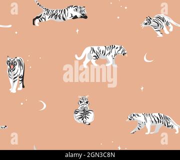 Handgezeichneter Vektor abstrakt Stock moderne Grafik-Illustrationen, Safari-Bohemien zeitgenössische nahtlose Muster-Druck mit exotischen wilden Tigern Tiere Stock Vektor