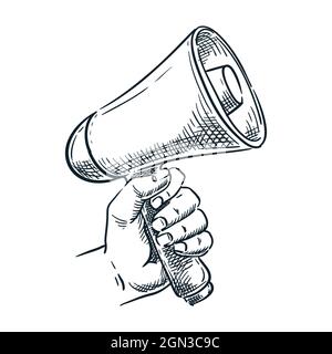 Lautsprecher mit menschlicher Hand. Vektorgrafik mit handgezeichneter Skizze. Megafon-Doodle-Symbol, isoliert auf weißem Hintergrund. Werbung, Marketing, Stock Vektor