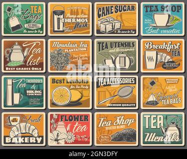 Teesorten, Utensilien und Retro-Poster im Bäckereigeschäft. Vakuumflaschen, Rohrzucker und Zitronen, Vektor-Teebeutel, Teekannen aus Glas, Metall und Porzellan, Tasse, Teeblätter und Blumen, Croissant, Wandergeschirr Stock Vektor