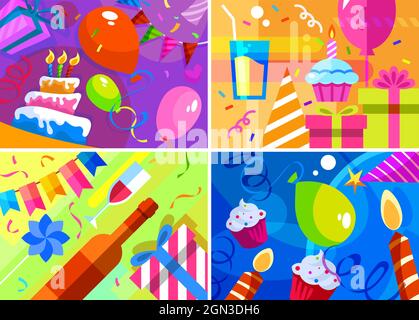 Sammlung von „Happy Birthday“-Transparenten. Postkarten-Designs im Cartoon-Stil. Stock Vektor