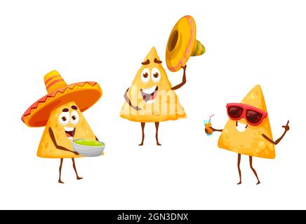 Mexikanische Nachos Chips auf Freizeit Fiesta in Sombreros, Vektor Mexiko Cartoon Food-Figuren. Nachos-Chips auf Sommerferien in Sombreros mit Guacamole, Trinkcocktail, traditionelle mexikanische Party Stock Vektor