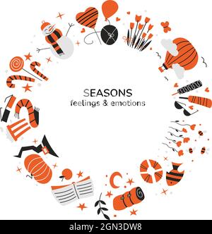 Vektorkranz, Kreisrahmen. Wetter und Jahreszeiten. Weihnachtsschmuck. Dekoratives Element für Grußkarte Scrapbooking Design. Neujahr Stock Vektor