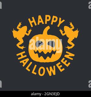 Orange Happy Halloween Emblem mit Kürbis und Kröten auf schwarzem Hintergrund. Isolierte Vektorobjekte. Stock Vektor