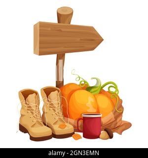 Herbstkürbis im Schal, Paar Stiefel zum Wandern oder Reisen, Tasse heißes Getränk, Holzschild mit Eichel und Blättern im Cartoon-Stil verziert isol Stock Vektor