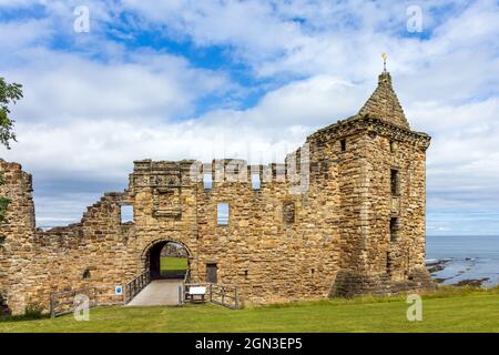 Die historischen Überreste von St. Andrews Castle, einer mittelalterlichen Festung aus dem 13. Jahrhundert, die auf einem Felsen nördlich der Stadt in Fife liegt. Stockfoto