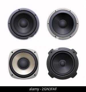 Sound-Lautsprecher, Symbole für Stereo-Audio-Musiksystem. Soundsystem-Woofer oder -Treiber, 3d-realistische Vektor-dynamische Lautsprecher mit verschraubtem runden und quadratischen Metallrahmen, Gummi- oder Schaumstoffring, Membran Stock Vektor