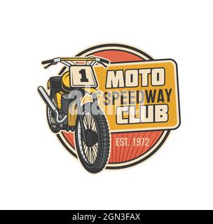 Moto Speedway Club Vektor-Symbol des Motorsports Motorrad oder Motorrad-Fahrzeug mit Rädern, Motor und Rennnummer Schild. Motorrad-Rennsport-Wettbewerb, Motocross und Rallye isoliert Symbol-Design Stock Vektor