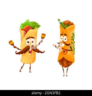 Cartoon mexikanische Enchiladas und Burritos glückliche Charaktere. Mexikanische Küche Straßenrestaurant Mahlzeiten mit Mais-Tortilla, Fleisch und Gemüse, lustige Burrito und Enchilada spielen auf Gitarre und Maraca Stock Vektor