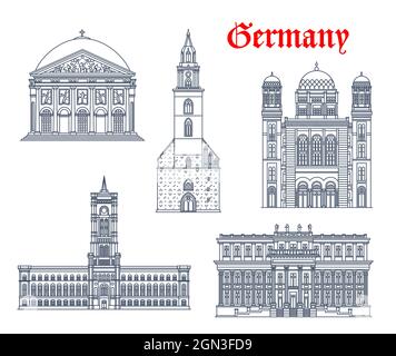 Deutsche Architektur, Berliner Gebäude und historische Wahrzeichen, Vektor-Ikonen. Marienkirche, Rotes Rathaus und Kronprinzenpalais, St. Hedwig Dom und Neue Synagoge von Berlin Stock Vektor