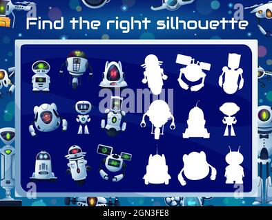 Kinder Spiel mit Roboter Silhouetten, Schatten-Matching-Puzzle, Gedächtnis Rätsel oder Aufmerksamkeit Test. Bildung Quiz Vektor-Vorlage mit Cartoon-Roboter, weiße moderne Bots und ai Droiden, Drohnen und Androiden Stock Vektor