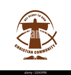 Christliche Gemeinschaft Symbol von Jesus Christus und Fisch ichthys religiösen Vektor-Symbol. Christentum Religion und Kirche Zeichen der orthodoxen Taufe und Evangelisation, heilige bibel, gott und oder Ichthus Fisch Stock Vektor