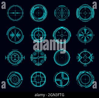 HUD-Vektor-AIM-Steuerschnittstelle, futuristisches Ziel oder Navigationsbildschirm der Benutzeroberfläche des Spiels. Digital-Panel oder Hologramm-Dashboard der zukünftigen Technologie Head-up-Display mit blauen Kreisen, Pfeilen, Zielen Stock Vektor