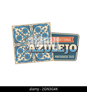 Kachelikone Azulejo mit Vektormuster aus portugiesischen und spanischen Arabesken-Ornamenten. Mosaik aus Lissabon oder Portugal mit Blumenmuster aus blauen Blumen und Blattrollen, Keramikboden und Wandfliesen Stock Vektor