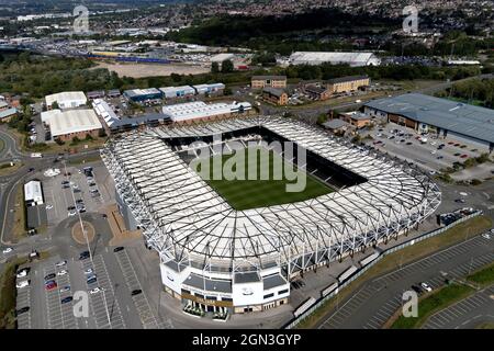 Eine Luftaufnahme des Pride Park Stadions, Heimat von Derby County. Bilddatum: Mittwoch, 22. September 2021. Stockfoto