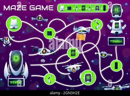 Kids Labyrinth-Spiel mit Reparatur eines Roboters Labyrinth. Vektorlogik Puzzle oder Rätsel mit finden richtigen Weg Aufgabe, Cartoon-Karte mit ai-Roboter, Drohnen, android-Bots und Quadcopter, Droiden und Roboter-Ersatzteile Stock Vektor