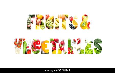 Verschiedene Früchte und Gemüse in Form von Worten Obst und Gemüse isoliert auf weißem Hintergrund. Stockfoto