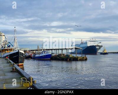 Ein großes Schiff kommt neben North Shields Fish Quay, Newcastle, England an Stockfoto