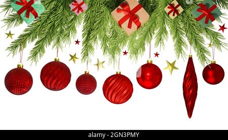 Rote Spielzeug Kugeln und Eiszapfen auf Tannenzweigen Geschenke in Bögen Weihnachten Hintergrund für Ihr Design. Isoliert weiß Nahaufnahme. 3d-Rendering Stockfoto
