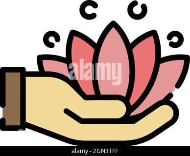 Lotus in der Hand-Symbol. Kontur Lotus in Hand Vektor Symbol Farbe flach isoliert Stock Vektor